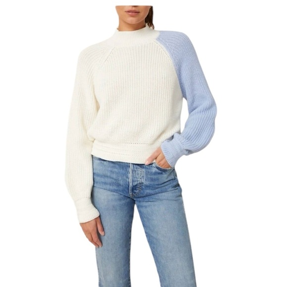 NWT AMO Tahoe Rib Sweater In Natural/Blue Ice Small Mock Neck MSRP $299 - Picture 1 of 11